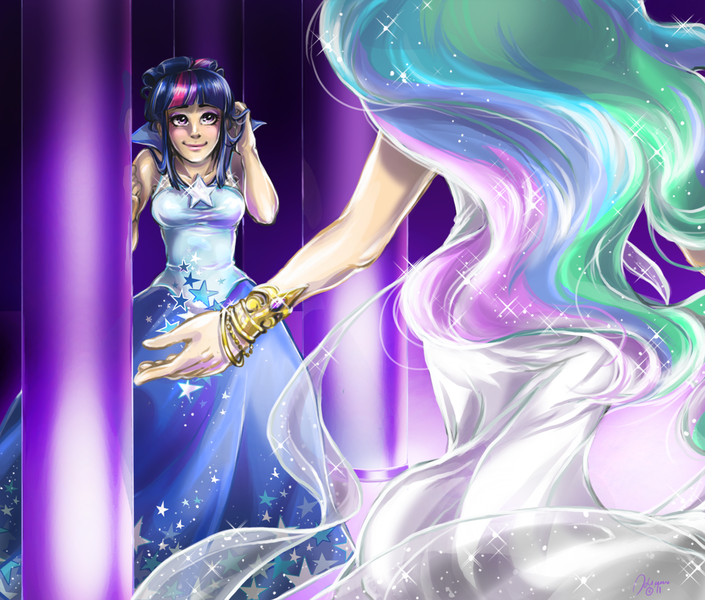 Size: 1128x960 | Tagged: artist:ddhew, clothes, derpibooru import, dress, duo, female, gala dress, human, humanized, princess celestia, safe, twilight sparkle