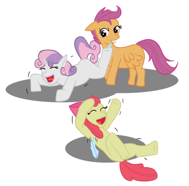 Size: 861x847 | Tagged: safe, artist:tobirone, derpibooru import, apple bloom, scootaloo, sweetie belle, earth pony, pegasus, pony, unicorn, anatomically incorrect, cutie mark crusaders, female, filly, incorrect leg anatomy, mouth hold, tickling