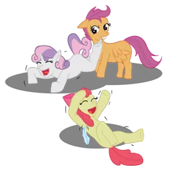 Size: 861x847 | Tagged: safe, artist:tobirone, derpibooru import, apple bloom, scootaloo, sweetie belle, earth pony, pegasus, pony, unicorn, anatomically incorrect, cutie mark crusaders, female, filly, incorrect leg anatomy, mouth hold, tickling
