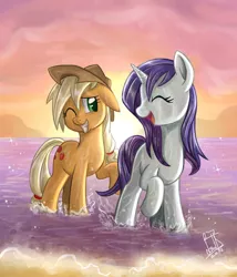 Size: 1800x2100 | Tagged: safe, artist:cainescroll, derpibooru import, applejack, rarity, earth pony, pony, unicorn, beach, best friends, female, hawaii, lesbian, mare, old version, one eye closed, rarijack, shipping, superseded, water, wet, wet mane, wet mane rarity