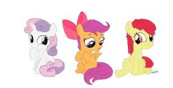 Size: 1360x692 | Tagged: safe, artist:chibi95, derpibooru import, apple bloom, scootaloo, sweetie belle, earth pony, pegasus, pony, unicorn, accessory swap, apple bloom's bow, cutie mark crusaders, female, filly, giggling, hilarious in hindsight, simple background, sitting, transparent background