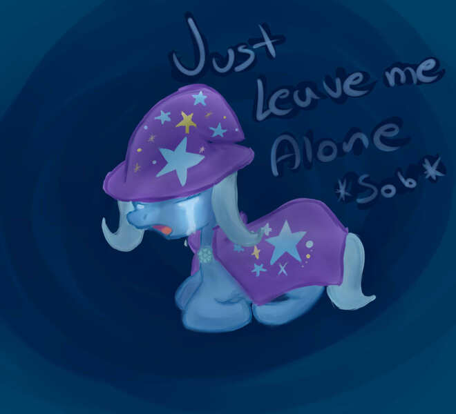 Size: 1100x1000 | Tagged: safe, artist:crhonox, derpibooru import, trixie, pony, unicorn, abstract background, cape, clothes, crying, female, hat, mare, prone, solo, trixie's cape, trixie's hat