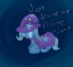 Size: 1100x1000 | Tagged: safe, artist:crhonox, derpibooru import, trixie, pony, unicorn, abstract background, cape, clothes, crying, female, hat, mare, prone, solo, trixie's cape, trixie's hat