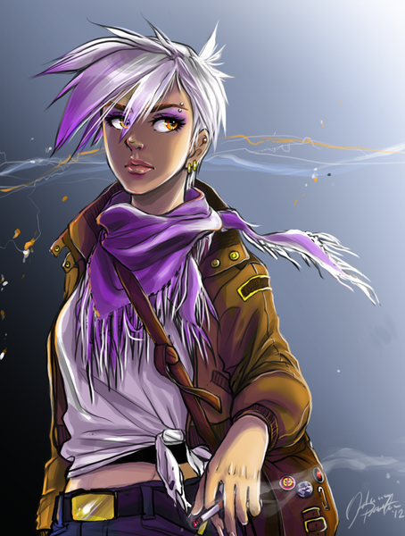 Size: 880x1162 | Tagged: artist:ddhew, cigarette, clothes, derpibooru import, eyebrow piercing, female, gilda, human, humanized, messenger bag, pins, safe, scarf, shoulder bag, smoking, solo