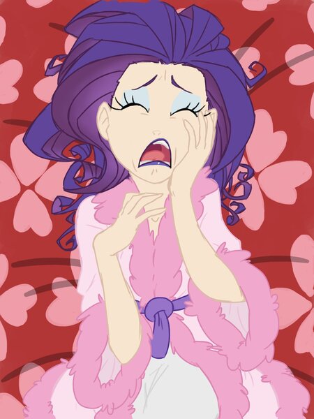 Size: 1200x1600 | Tagged: artist:thelivingmachine02, bathrobe, bed, clothes, derpibooru import, eyes closed, eyeshadow, female, gimp, human, humanized, i'm so pathetic, lipstick, makeup, marshmelodrama, messy hair, on back, open mouth, pathetic, rarity, robe, safe, scene interpretation, solo, suited for success, wangst