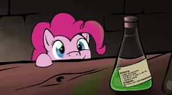 Size: 1318x735 | Tagged: safe, artist:qsteel, derpibooru import, pinkie pie, earth pony, pony, erlenmeyer flask, female, filly, flask, forever, peeking, potion, smiling, solo, that explains everything, younger
