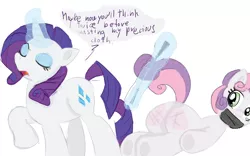 Size: 1720x1073 | Tagged: artist needed, suggestive, derpibooru import, rarity, sweetie belle, pony, unicorn, bondage, butt, dialogue, female, femdom, femsub, filly, gag, implied foalcon, lesbian, mare, mare on filly, plot, punishment, raribelle, riding crop, shipping, simple background, spanked, submissive, tape gag, whip, whip marks, whipping, white background