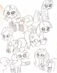 Size: 1280x1633 | Tagged: safe, artist:krystalflamingo, derpibooru import, applejack, fluttershy, pinkie pie, rainbow dash, rarity, twilight sparkle, earth pony, pegasus, pony, unicorn, clothes, female, mane six, mare, monochrome, socks