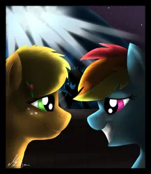 Size: 1300x1500 | Tagged: safe, artist:gonedreamer, derpibooru import, applejack, rainbow dash, earth pony, pegasus, pony, appledash, backlighting, eye contact, female, lesbian, looking at each other, mare, shipping