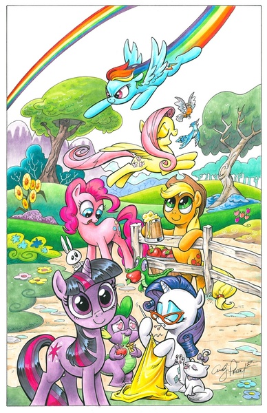 Size: 792x1224 | Tagged: safe, artist:andypriceart, derpibooru import, idw, official, angel bunny, applejack, fluttershy, gummy, opalescence, pinkie pie, rainbow dash, rarity, spike, twilight sparkle, bird, dragon, earth pony, pegasus, pony, unicorn, cider, comic, cover, female, glasses, heart eyes, idw advertisement, male, mane seven, mane six, mare, official art, official comic, rarity's glasses, shipping, sparity, straight, traditional art, unicorn twilight, wingding eyes