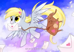 Size: 760x538 | Tagged: safe, artist:meadow-rue, derpibooru import, derpy hooves, pegasus, pony, bag, female, flying, heart, hearts and hooves day, letter, mail, mare, mouth hold, muffin, solo