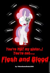 Size: 2040x2985 | Tagged: safe, artist:pajama-ham, derpibooru import, sweetie belle, pony, robot, robot pony, unicorn, fanfic, fanfic:flesh and blood, black background, cover, crying, disembodied thoughts, fanfic art, fanfic cover, female, filly, floppy ears, foal, high res, hooves, horn, open mouth, robot gore, sad, simple background, solo, sweetie bot, text