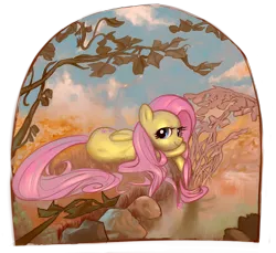 Size: 1024x938 | Tagged: safe, artist:javkiller, derpibooru import, fluttershy, pegasus, pony, female, looking at you, mare, modern art, nouveau, side, solo, water