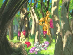 Size: 1600x1200 | Tagged: safe, artist:javkiller, derpibooru import, apple bloom, scootaloo, sweetie belle, earth pony, pegasus, pony, unicorn, cutie mark crusaders, dappled sunlight, eyes closed, female, filly, forest, laughing, suspended, tree