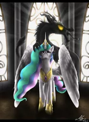 Size: 1450x1980 | Tagged: safe, artist:gonedreamer, derpibooru import, discord, princess celestia, alicorn, draconequus, pony, backlighting, crepuscular rays, dislestia, female, glowing eyes, looking at you, male, mare, shipping, signature, straight, tongue out