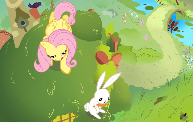 Size: 1300x825 | Tagged: safe, artist:javkiller, derpibooru import, angel bunny, fluttershy, pegasus, pony, bird's eye view, carrot, female, fluttershy's cottage, food, hunting, licking, licking lips, mare, roof, tongue out, vertigo