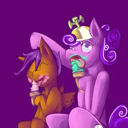 Size: 1280x1280 | Tagged: safe, artist:zuart, derpibooru import, scootaloo, screwball, earth pony, pegasus, pony, female, filly, ice cream, mare, simple background, sitting
