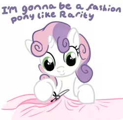 Size: 662x647 | Tagged: safe, artist:pixelfyxe, derpibooru import, sweetie belle, pony, unicorn, fabric, female, filly, scissors, simple background, solo
