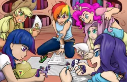 Size: 1020x660 | Tagged: safe, artist:notjailbait, derpibooru import, applejack, fluttershy, pinkie pie, rainbow dash, rarity, twilight sparkle, human, pony, belly button, book, dice, dungeon master, dungeons and dragons, female, golden oaks library, humanized, mane six, midriff