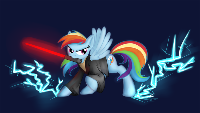 Size: 1300x734 | Tagged: safe, artist:zombiethegreat, derpibooru import, rainbow dash, pegasus, pony, clothes, female, lightning, lightsaber, mare, mouth hold, robe, solo, star wars