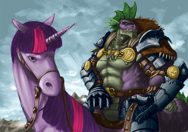 Size: 1200x848 | Tagged: safe, artist:beefster09, artist:quizzicalkisses, derpibooru import, spike, twilight sparkle, dragon, horse, pony, unicorn, armor, badass, beefspike, bridle, dragons riding ponies, female, male, mare, realistic, riding, tack