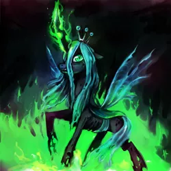 Size: 690x688 | Tagged: safe, artist:corpsecrow, derpibooru import, queen chrysalis, changeling, changeling queen, female, fire, floppy ears, glowing horn, horn, image, looking at you, magic, png, raised hoof, solo, standing