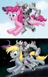 Size: 996x1595 | Tagged: safe, artist:ciarra, derpibooru import, derpy hooves, pinkie pie, earth pony, pegasus, pony, crossover, female, flying, mare, megatron, riding, transformers