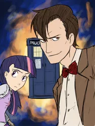 Size: 768x1024 | Tagged: artist:thelivingmachine02, derpibooru import, doctor who, doctor whooves, eleventh doctor, female, gimp, human, humanized, looking at you, male, safe, tardis, time turner, twilight sparkle
