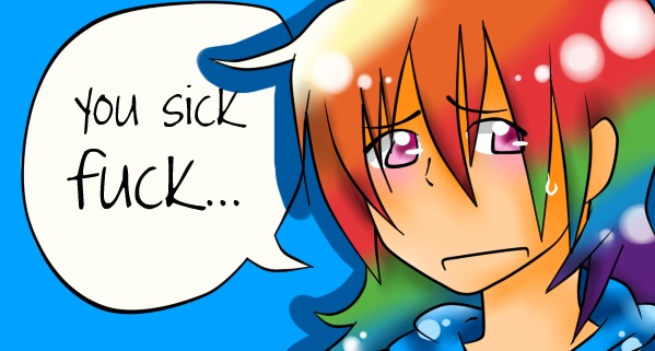 Size: 599x321 | Tagged: artist:princessalchemist, derpibooru import, female, human, humanized, rainbow dash, reaction image, safe, solo, vulgar