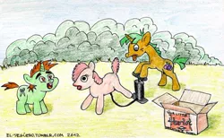 Size: 640x393 | Tagged: suggestive, artist:el-yeguero, derpibooru import, snails, snips, pony, unicorn, blowup doll, colt, heart eyes, implied foalcon, inflatable, male, sex doll, tongue out, wingding eyes