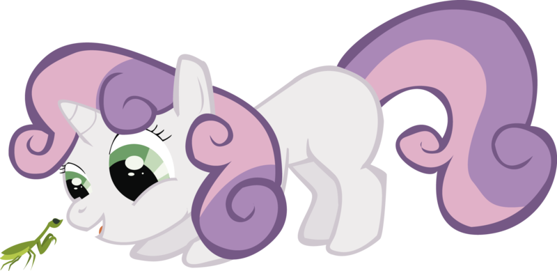 Size: 1940x943 | Tagged: safe, artist:cronnox, derpibooru import, sweetie belle, mantis, pony, unicorn, crouching, female, filly, looking at something, simple background, solo, transparent background, vector