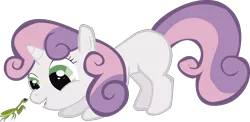 Size: 1940x943 | Tagged: safe, artist:cronnox, derpibooru import, sweetie belle, mantis, pony, unicorn, crouching, female, filly, looking at something, simple background, solo, transparent background, vector