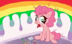 Size: 1640x1024 | Tagged: safe, artist:bitterjitters, derpibooru import, pinkie pie, earth pony, pony, abstract background, crayon, crayons, drugs, female, filly, foal, high, junkie pie, melting, open mouth, rainbow, razor blade, sitting, solo