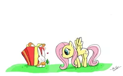 Size: 2667x1667 | Tagged: safe, artist:emptywaterbucket76, derpibooru import, angel bunny, fluttershy, pegasus, pony, carrot, female, heart, mare, present