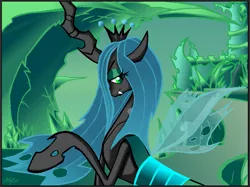 Size: 813x609 | Tagged: dead source, safe, artist:accursedknight, derpibooru import, queen chrysalis, changeling, changeling queen, bedroom eyes, changeling hive, fangs, female, image, looking back, png, profile, raised hoof, signature, solo