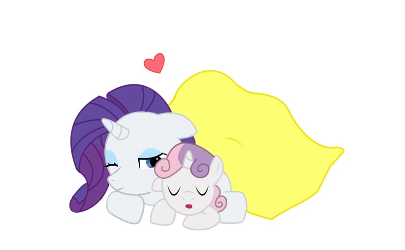 Size: 1660x1028 | Tagged: safe, artist:buckheadgar, derpibooru import, rarity, sweetie belle, pony, unicorn, blanket, female, filly, heart, mare, simple background, sleeping, white background