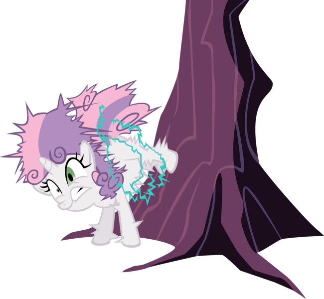 Size: 6778x6254 | Tagged: safe, artist:chezne, derpibooru import, sweetie belle, pony, unicorn, absurd resolution, applebucking, bucking, female, filly, simple background, solo, transparent background, tree, vector, zap apple tree, zapped