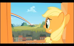Size: 1024x640 | Tagged: safe, derpibooru import, screencap, applejack, earth pony, pony, the cutie mark chronicles, female, filly, harsher in hindsight, rainbow, solo, war, youtube, youtube caption