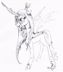 Size: 1077x1226 | Tagged: safe, artist:trips-ocho, derpibooru import, queen chrysalis, changeling, changeling queen, female, image, jpeg, lidded eyes, monochrome, signature, solo