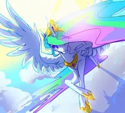 Size: 900x813 | Tagged: safe, artist:generator1stfloor, derpibooru import, princess celestia, alicorn, pony, backlighting, cloud, female, flying, mare, solo