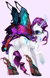Size: 647x1000 | Tagged: safe, artist:slugbox, derpibooru import, rarity, pony, unicorn, bayonetta, butterfly wings, candy, clothes, colored pupils, cosplay, costume, crossover, cute, dual pistols, elegant, eyelashes, eyestrain warning, featureless crotch, female, food, glasses, gun, horn, levitation, lollipop, looking at you, looking back, magic, mare, photoshop, pink background, pistol, plot, purple background, raised hoof, raribetes, shoes, signature, simple background, smiling, solo, telekinesis, wings