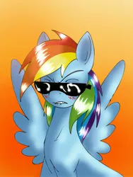 Size: 2500x3333 | Tagged: safe, artist:alcasar-reich, derpibooru import, rainbow dash, pegasus, pony, blushing, dat butt, female, gradient background, high res, lip bite, mare, meme, solo, spread wings, sunglasses, wings