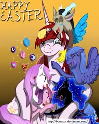 Size: 4000x5000 | Tagged: safe, artist:bonaxor, derpibooru import, discord, nightmare moon, princess cadance, princess celestia, princess luna, oc, oc:dream, oc:fausticorn, alicorn, pony, absurd resolution, female, gradient background, group hug, lauren faust, mare, s1 luna