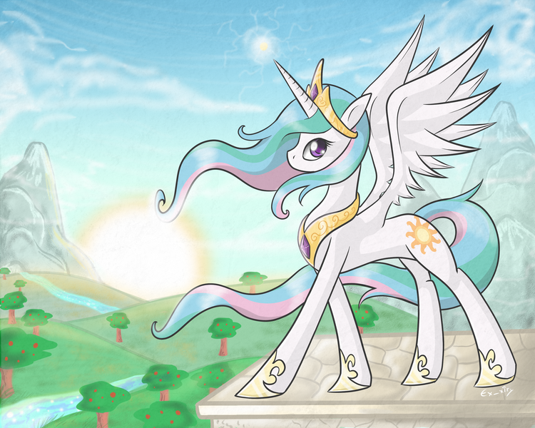 Size: 2500x2000 | Tagged: safe, artist:exxiry, derpibooru import, princess celestia, alicorn, pony, female, high res, mare, mountain, profile, river, solo, sun, sunrise, tree