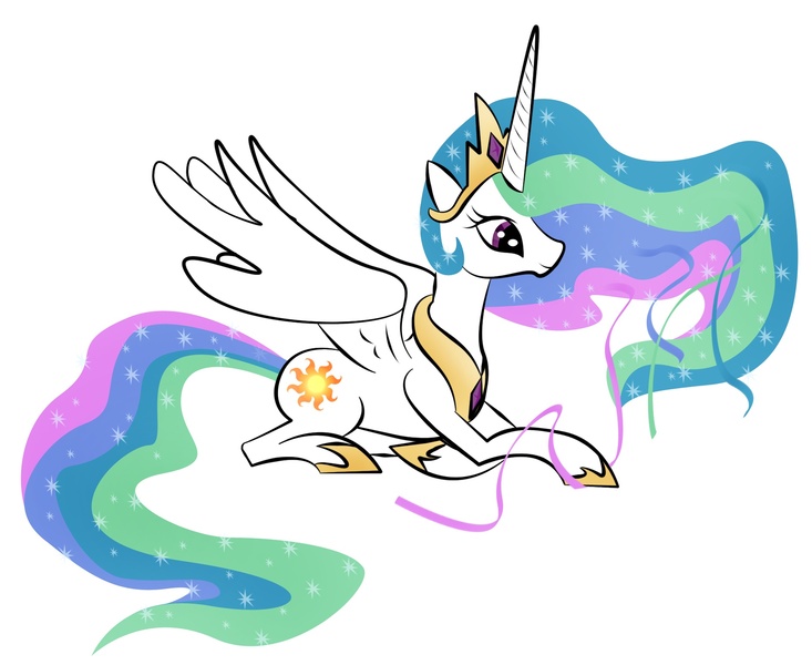 Size: 1881x1540 | Tagged: safe, artist:zomgitsalaura, derpibooru import, princess celestia, alicorn, pony, female, mare, prone, ribbon, simple background, solo, white background