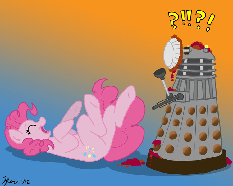 Size: 1000x800 | Tagged: safe, artist:the_gneech, derpibooru import, part of a set, pinkie pie, earth pony, pony, adobe imageready, comedy, crossover, dalek, doctor who, exclamation point, female, gradient background, laughing, mare, on back, pie, pinkie antics, ponk, question mark, random