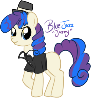 Size: 309x335 | Tagged: safe, artist:lulubell, derpibooru import, oc, oc:blue jazz, unofficial characters only, earth pony, pony, female, filly, foal, hat, magical lesbian spawn, next generation, offspring, parent:rarity, parent:sapphire shores, parents:rarishores, simple background, solo, transparent background