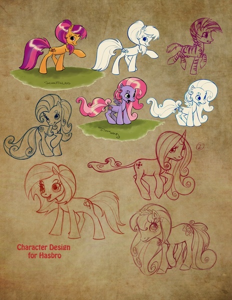 Size: 638x825 | Tagged: safe, artist:caakes, derpibooru import, official, pinkie pie (g3), scootaloo (g3), starsong, sunny seed, earth pony, pony, unicorn, zebra, behind the scenes, concept art, female, g3, g4, hasbro, mare, official art, what could have been