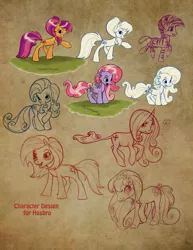 Size: 638x825 | Tagged: safe, artist:caakes, derpibooru import, official, pinkie pie (g3), scootaloo (g3), starsong, sunny seed, earth pony, pony, unicorn, zebra, behind the scenes, concept art, female, g3, g4, hasbro, mare, official art, what could have been