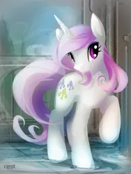 Size: 825x1100 | Tagged: safe, artist:cenit-v, derpibooru import, fleur-de-lis, pony, unicorn, female, looking at you, mare, raised hoof, smiling, solo